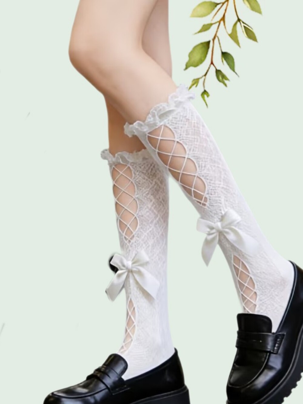 White Fishnet Knee High Socks Ruffle Bows Lolita Kawaii OS